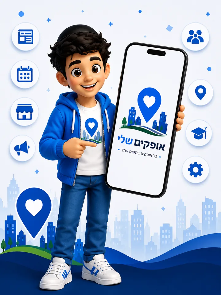 ילד מצביע על האפליקציה של אופקים שלי, מוקף באייקונים של מדורי האתר