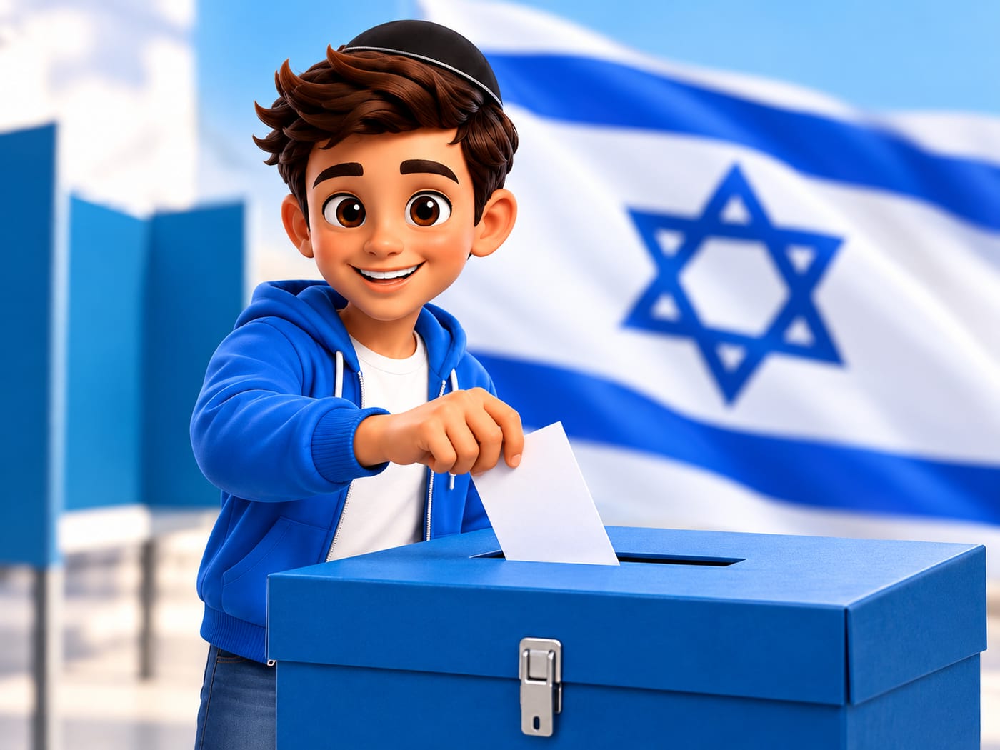 איור: ילד מצביע ומכניס פתק לקלפי כחולה על רקע דגל ישראל