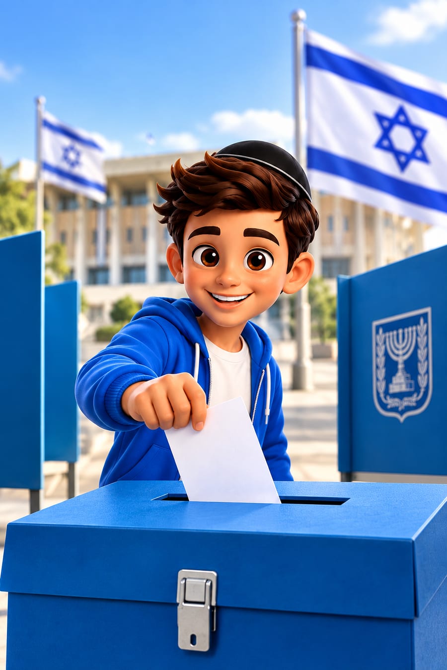איור: ילד מכניס פתק הצבעה לקלפי על רקע בניין הכנסת ודגלי ישראל