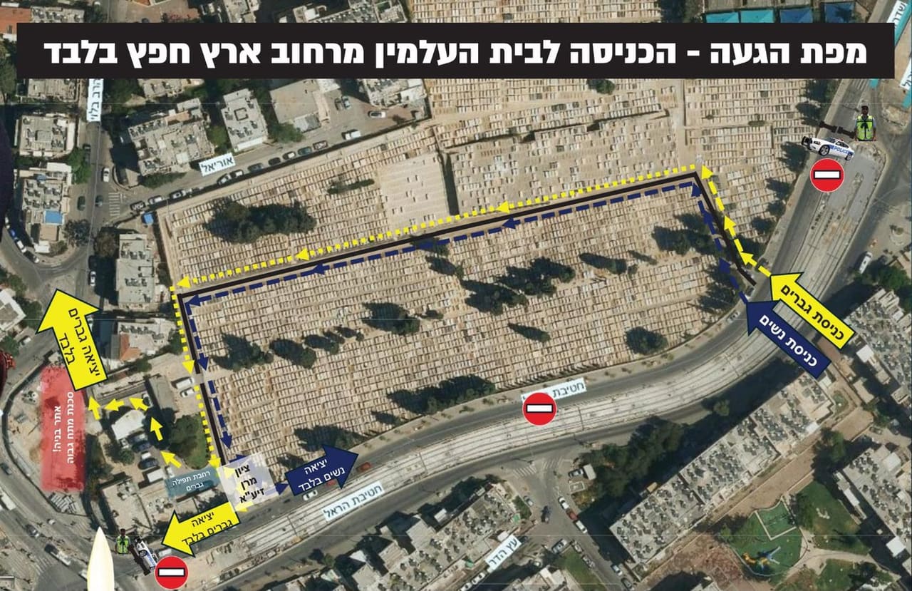 מפת ההגעה לציון מרן הרב עובדיה יוסף בבית העלמין סנהדריה: הכניסה מרחוב ארץ חפץ, מסלולי גברים ונשים נפרדים