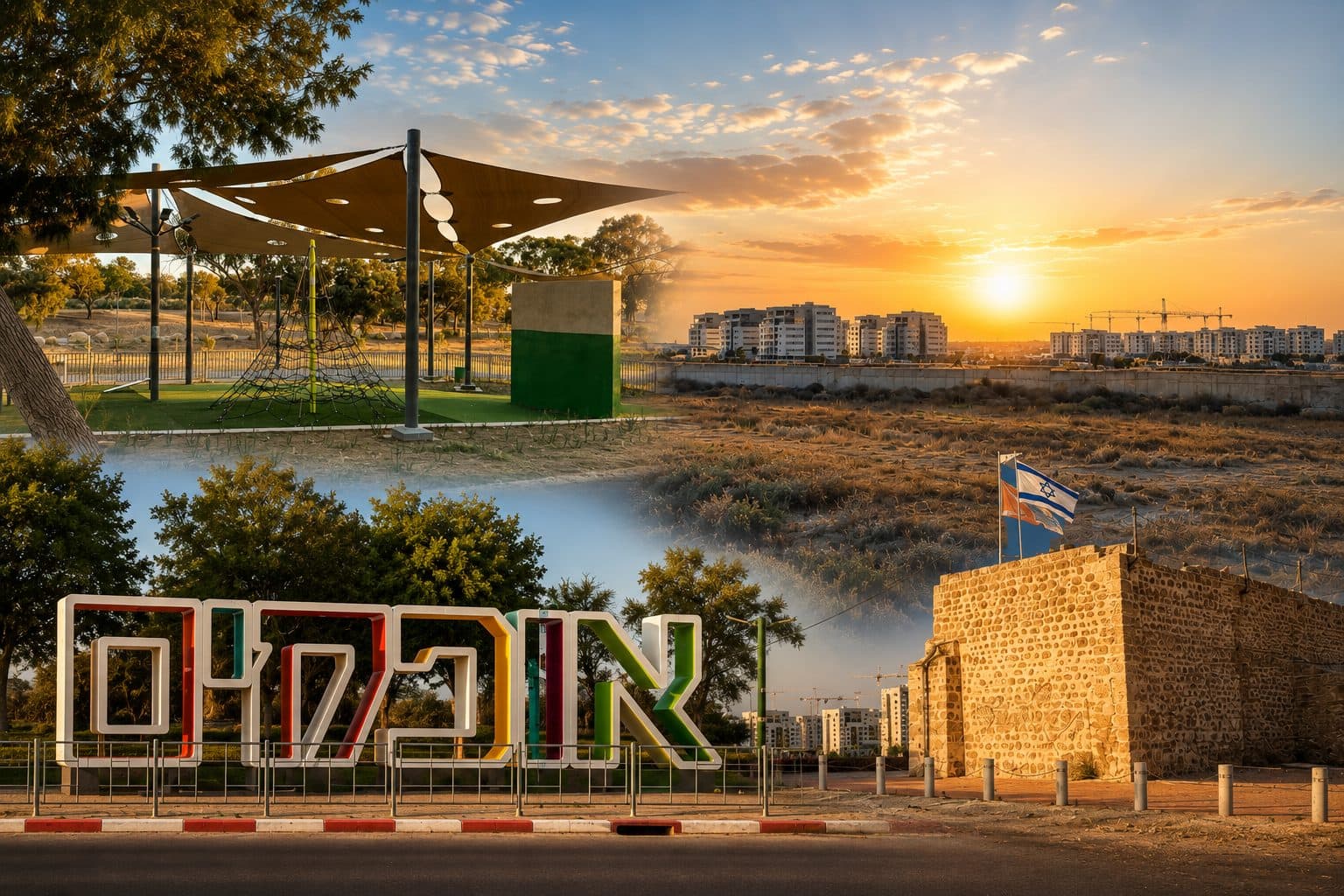 אטרקציות באופקים — שלט הכניסה הצבעוני לעיר, מצודת פטיש ופארק אופקים בשקיעה