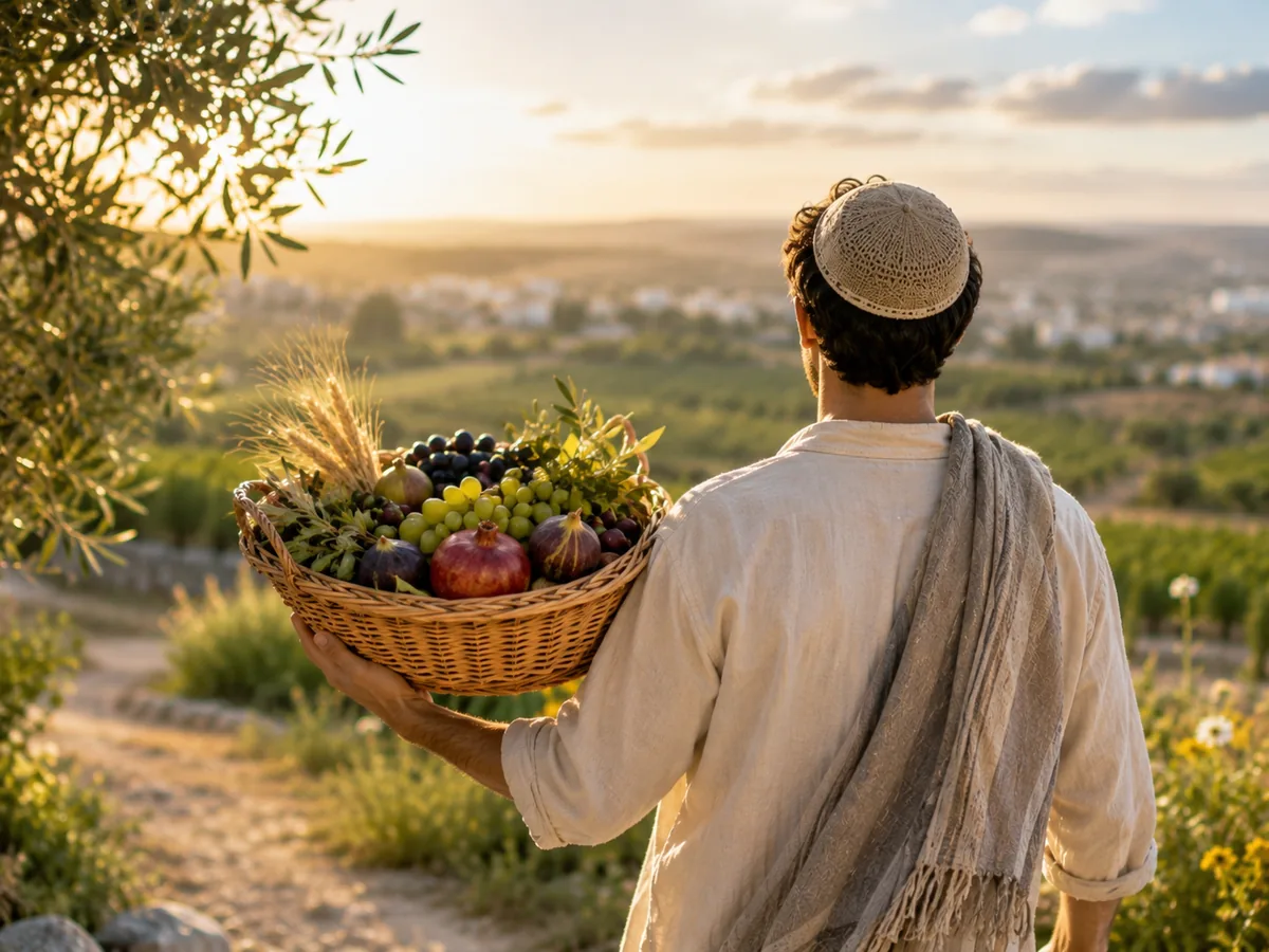 איש נושא סל ביכורים ובו ענבים, תאנים, רימונים ושיבולים, בדרך עולה בשעת שקיעה