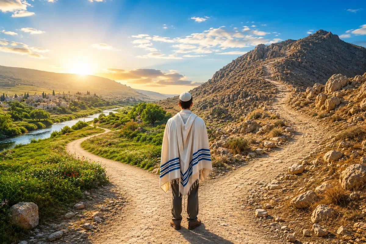 אדם עוטה טלית עומד בפרשת דרכים: שביל אחד עולה במעלה גבעה סלעית, השני יורד אל עמק ירוק, בשעת זריחה