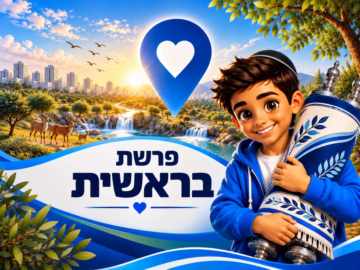 איור לפרשת בראשית: ילד עם כיפה מחזיק ספר תורה על רקע נוף פורח עם מפל, צבאים ושקיעה, וסמן מיקום עם לב