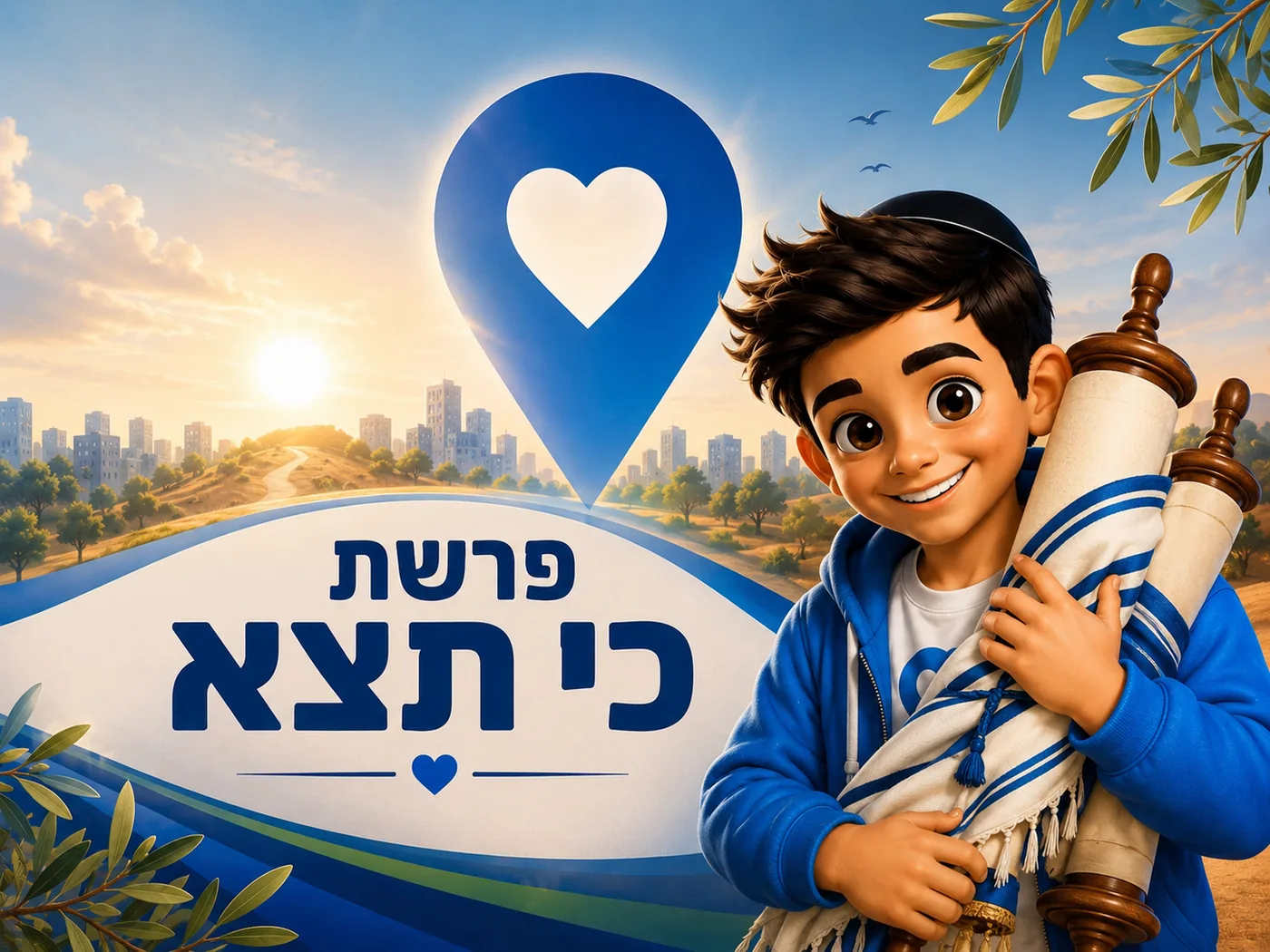 הפרשה שלי — פרשת כי־תצא: ילד עם כיפה מחזיק ספר תורה, לוגו אופקים שלי ונוף העיר אופקים ברקע