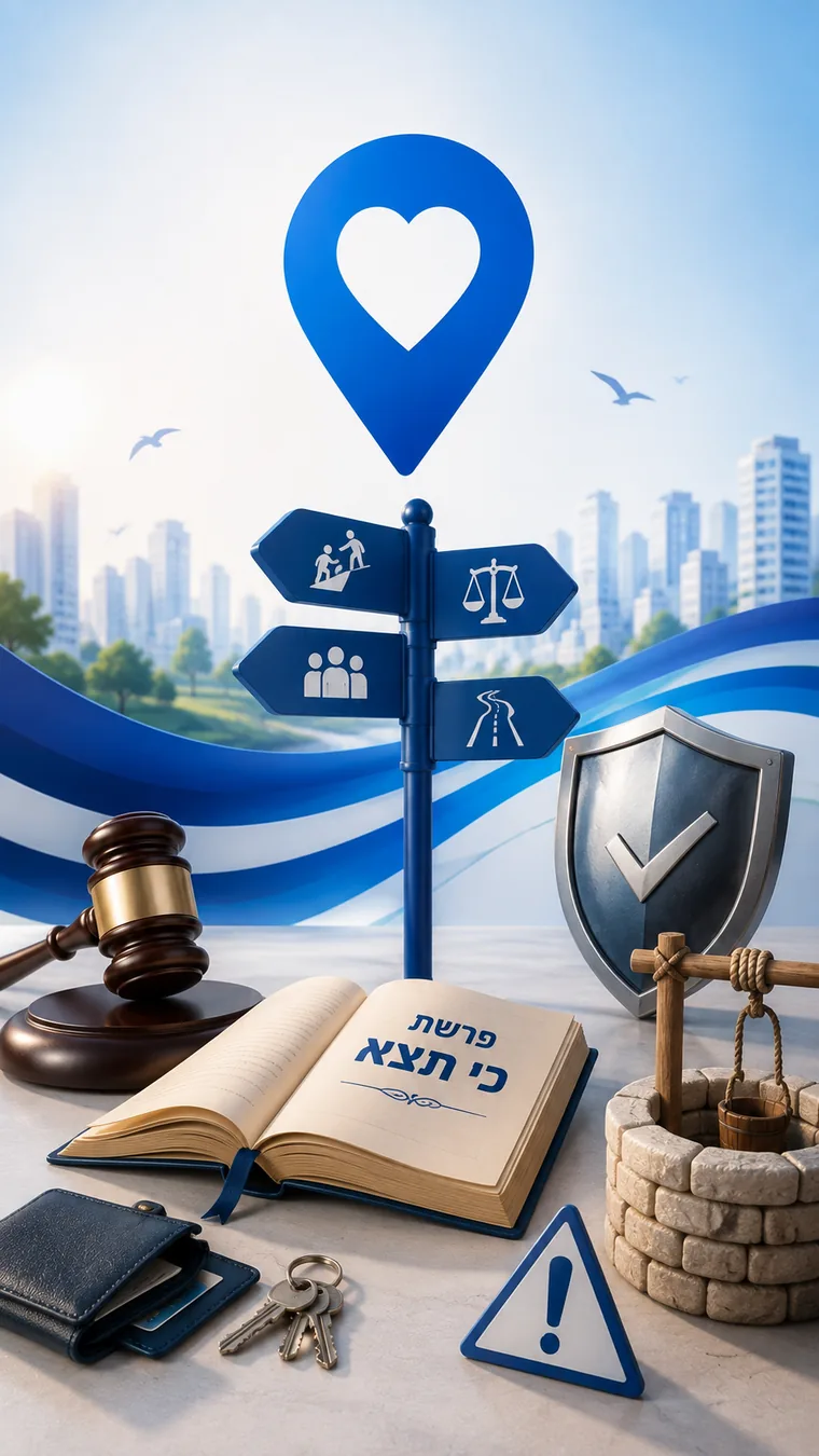 איור לפרשת כי־תצא: תמרור דרכים עם סמלי עזרה, צדק וקהילה, לצדם ספר פתוח, פטיש שופטים, מגן, באר וארנק