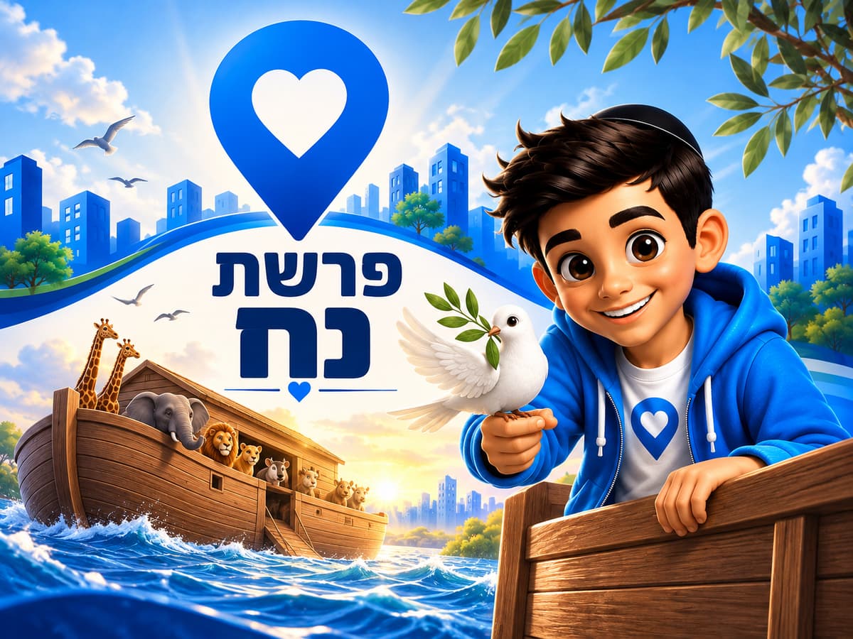 איור לפרשת נח: ילד עם כיפה מחזיק יונה עם עלה זית, לידו תיבת נח עם בעלי חיים על הגלים, וסמן מיקום עם לב
