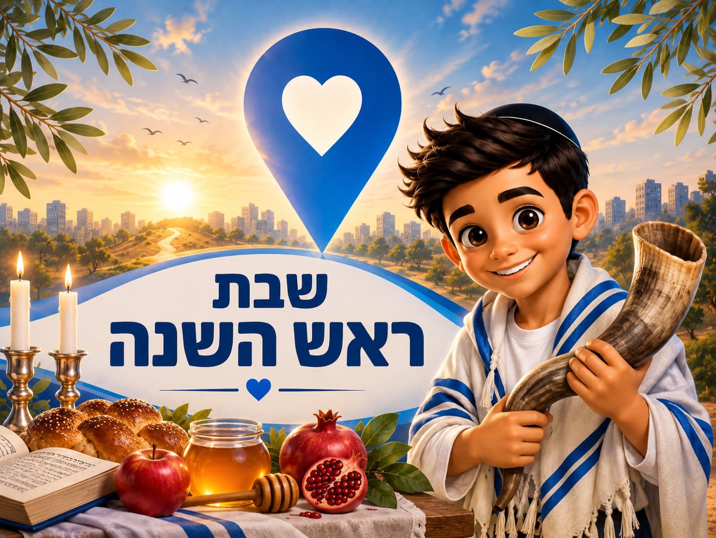 שבת ראש השנה באופקים — נרות, חלות, תפוח בדבש ורימון, וילד עוטה טלית אוחז בשופר