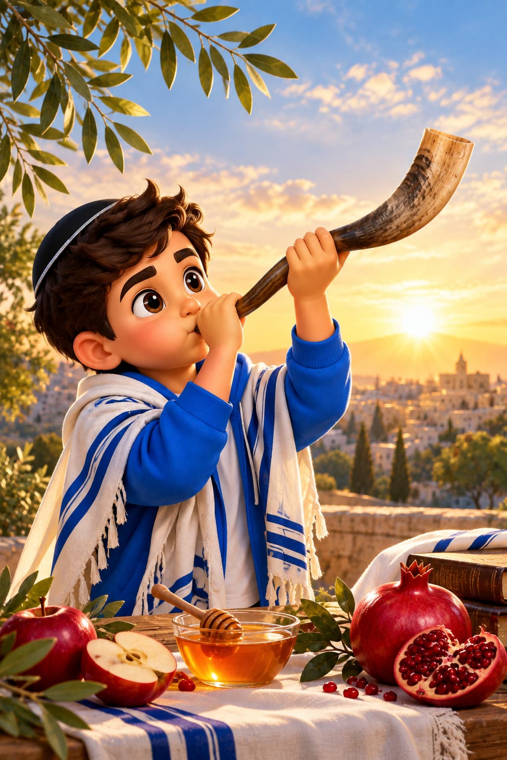ילד עוטה טלית תוקע בשופר בזריחה, לצד שולחן ובו תפוח בדבש ורימון