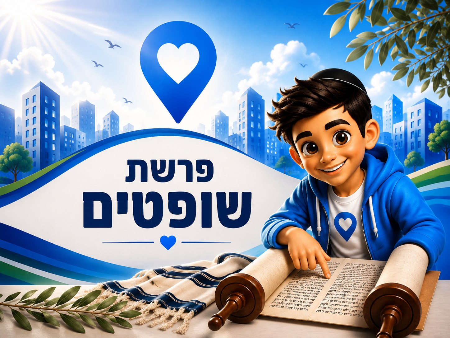 הפרשה שלי — פרשת שופטים: ילד עם כיפה מצביע על ספר תורה פתוח, לוגו אופקים שלי ונוף העיר אופקים ברקע