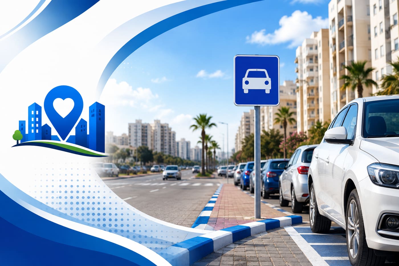 רחוב באופקים עם אבני שפה צבועות בכחול-לבן, תמרור חניה ורכבים חונים