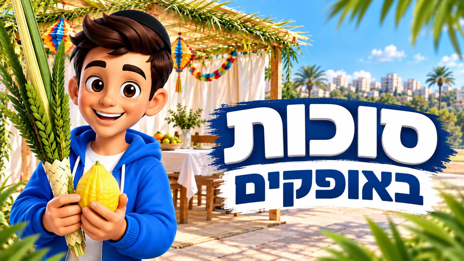 סוכות באופקים — ילד עם לולב ואתרוג בסוכה קהילתית מקושטת בעיר