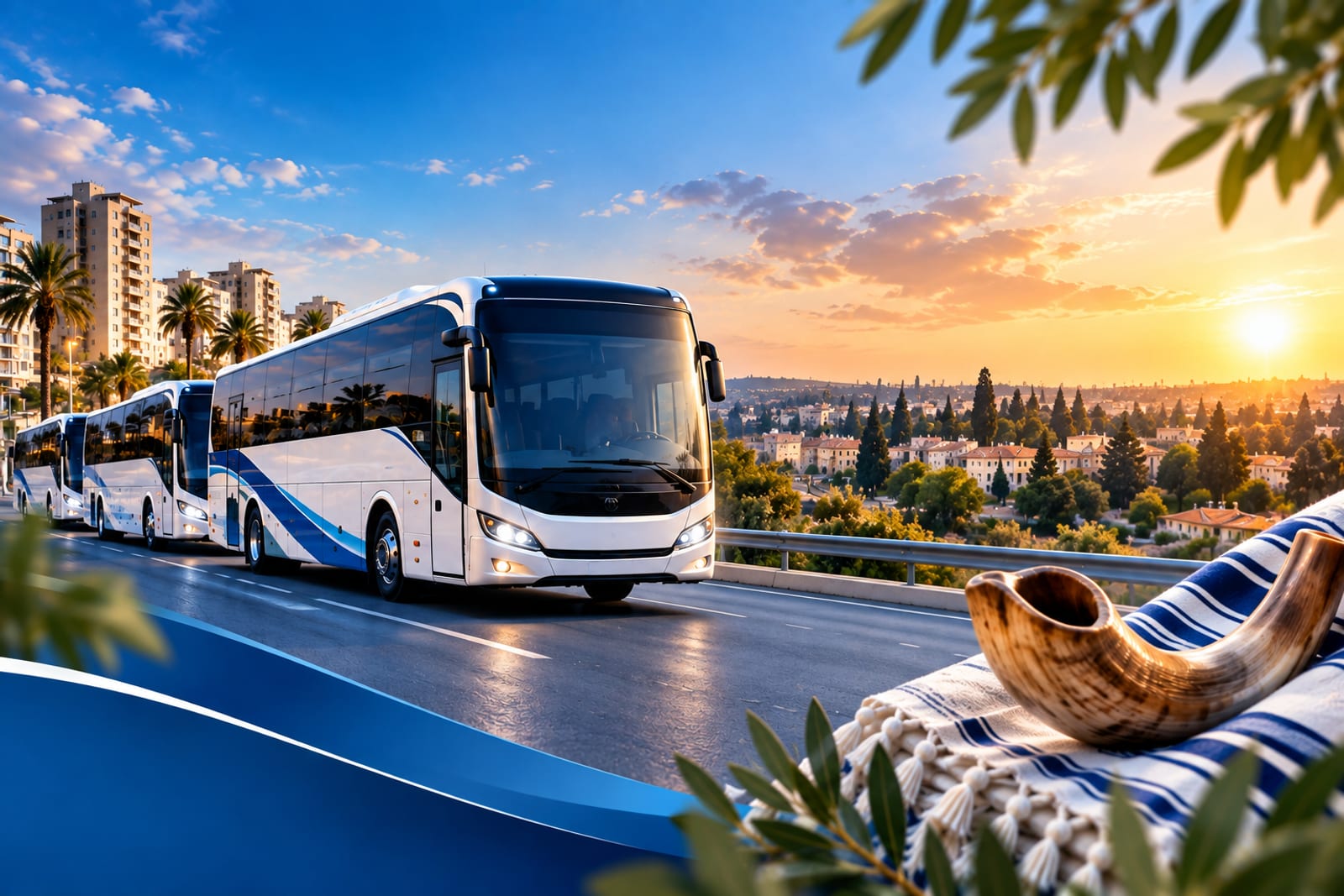 שיירת אוטובוסים בכביש עירוני בשעת שקיעה, לצד טלית ושופר