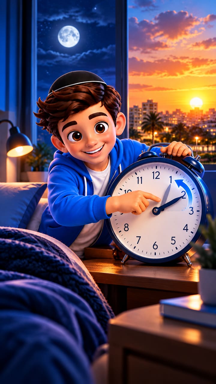 ילד בחדר השינה מכוון שעון מעורר שעה אחורה לקראת שעון החורף