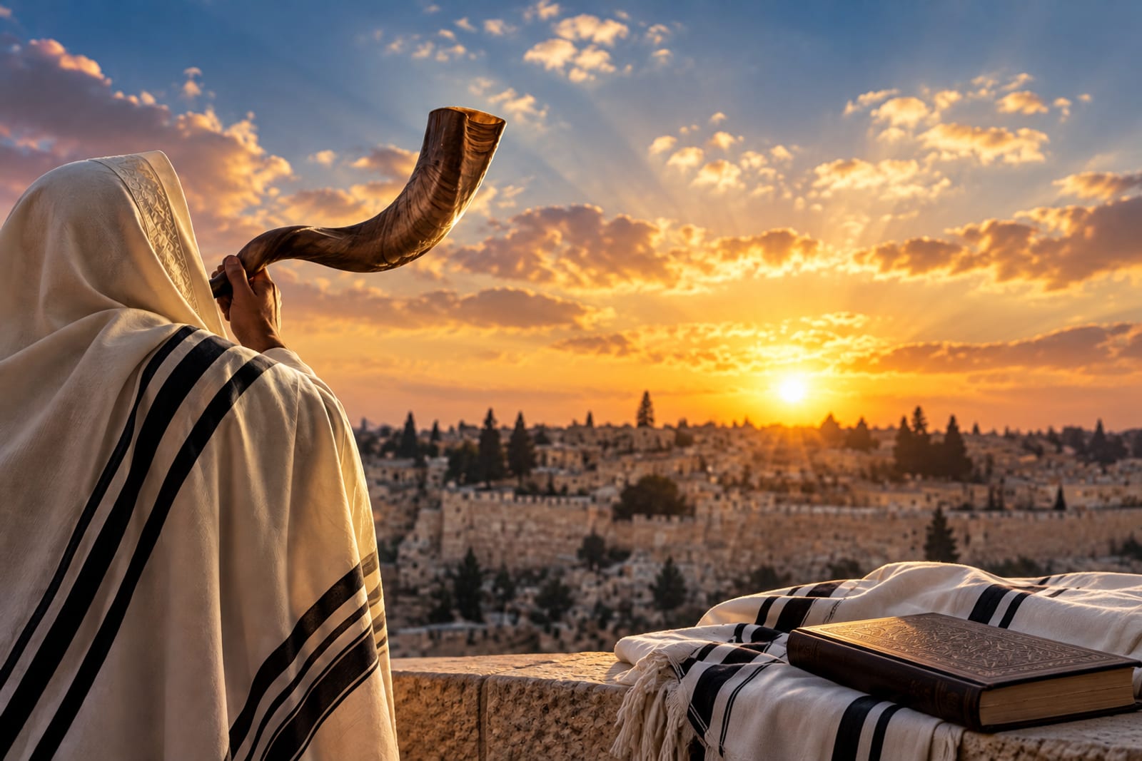 אדם עטוף בטלית תוקע בשופר על רקע נוף עיר בזריחה, לצד סידור וטלית מקופלת